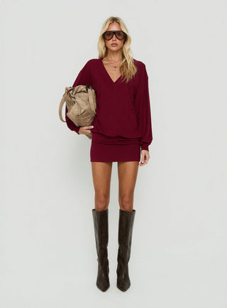 Solena Blouson V Neck Knit Mini Dress Burgundy