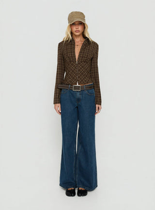Kinori Long Sleeve Zip Down Top Brown Check