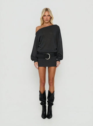 Johannah Off Shoulder Long Sleeve Knit Mini Dress Dark Grey