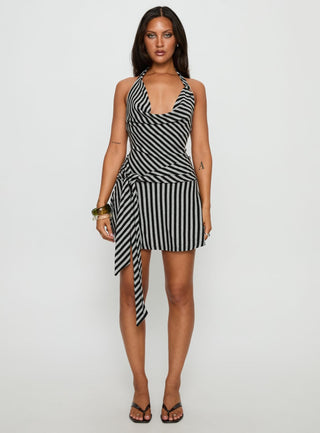 Terika Plunge Neck Halter Mini Dress Grey  Black