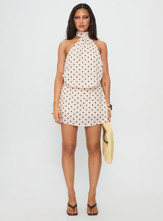 Natalea High Neck Playsuit Cream  Brown Polka