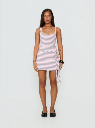 Favourite Daughter Tie Detail Mini Dress Pink / Grey Stripe