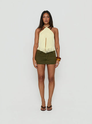 Junaya Arrowneck Fringe Detail Top Lemon
