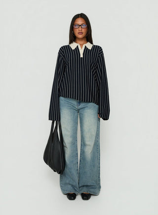 Boarders V Neck Polo Jumper Navy Stripe