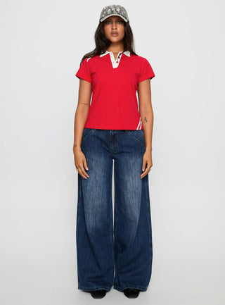 Learn Your Lesson Contrast Collared Top Red  White