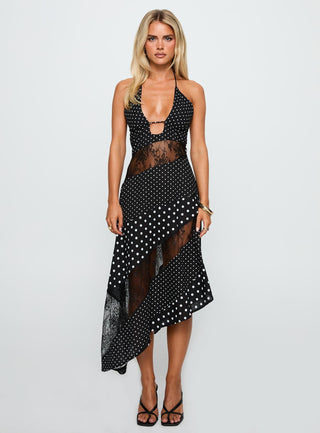 Down With Love Asymmetrical Midi Dress Black  White Polka Dot