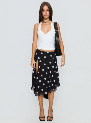 Dulciana High Split Asymmetrical Midi Skirt Black  Polka Dot