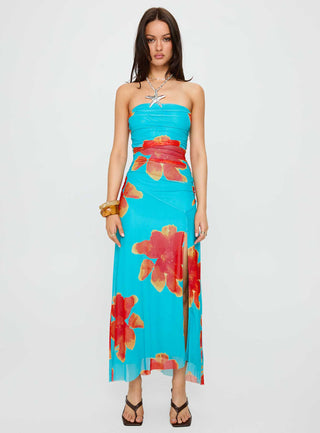 Katara Strapless Maxi Dress Blue  Orange Floral