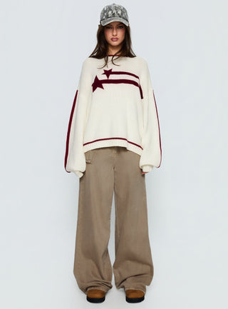 Star Track Graphic Jumper Cream  Red