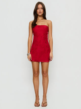 Edge Of Love Strapless Mini Dress Red Burnout
