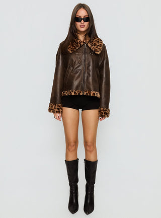 Brandyn Faux Fur Trim Jacket Brown  Leopard