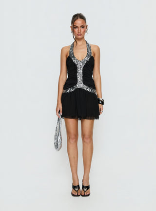 Aisleigh Sequin Halter Mini Dress Black  Silver