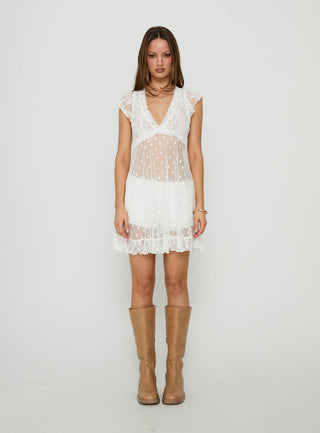 Afortunata Sheer Lace Frill Mini Dress White Polka Dot