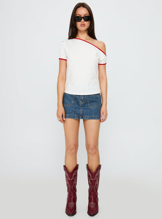 Kelsa Off Shoulder Contrast Trim Top White  Red