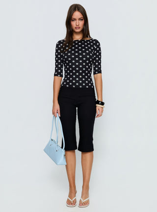 Venna 34 Sleeve Boat Neck Top Black  White Polka