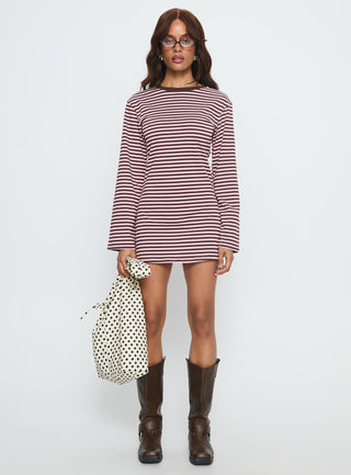 Lulolah Long Sleeve Mini Dress Chocolate  Pink Stripe