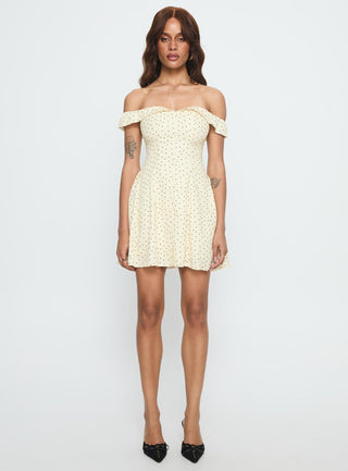 Rosebud Off The Shoulder Mini Dress Yellow  Polka Dot