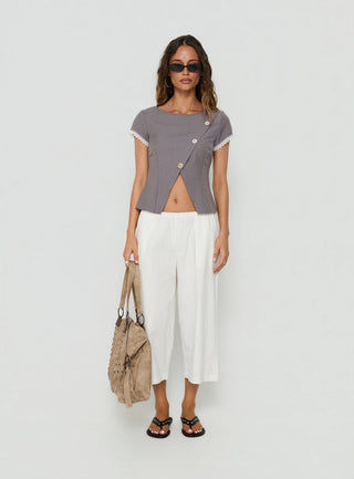 Margherite Asymmetrical Button Detail Short Sleeve Top Grey Stripe