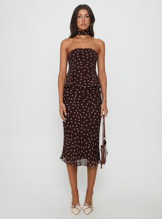 Sydni Scarf Detail Strapless Top Chocolate  Pink Polka Dot