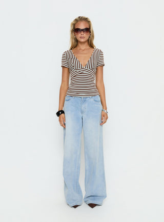 Madelon Short Sleeve Wrap Top Brown  Blue Stripe