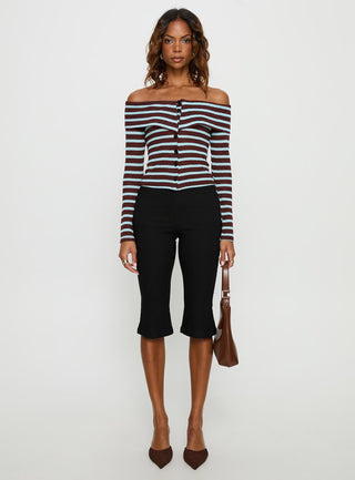 Raelena Off Shoulder Long Sleeve Top Blue  Brown Stripe