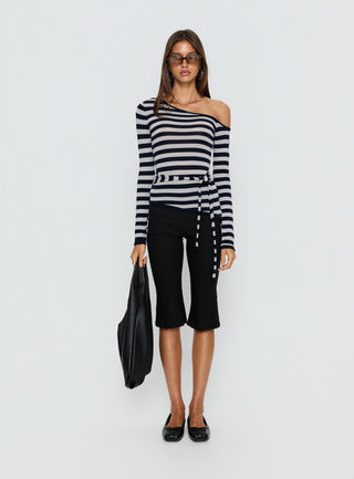 Kastor One Shoulder Long Sleeve Top Navy  Grey Stripe