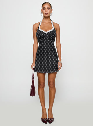 Black Beauty Halter Mini Dress Black  Polka