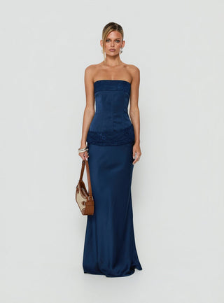 Sura Strapless Lace Detail Maxi Dress Navy