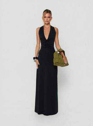 Dreamt Of You Plunge Neck Halter Maxi Dress Black