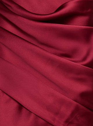 False Alarm Plunge Asymmetrical Pleat Maxi Dress Red