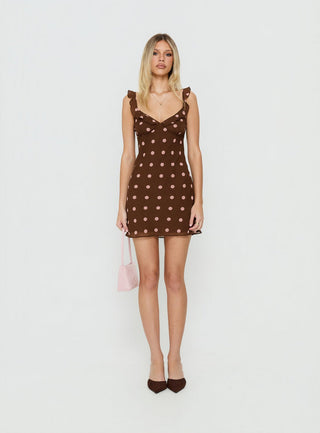 Lozie Frill V Neck Mini Dress Brown Polka Dot