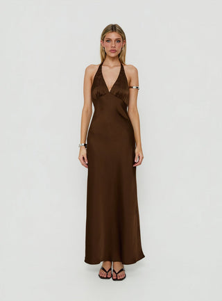 Adamaria Plunge Halter Lace Trim Maxi Dress Chocolate