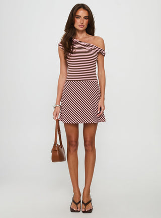 My Fun Off Shoulder Jersey Mini Dress Pink  Brown Stripe