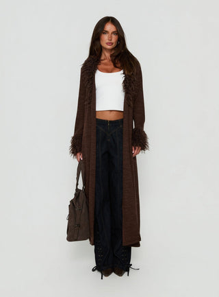 Marriah Longline Faux Fur Trim Cardigan Chocolate