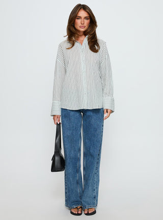 Alexi Long Sleeve Button Down Top Blue  Brown Stripe