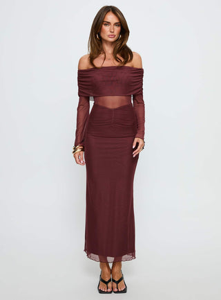 Velouria Off Shoulder Long Sleeve Maxi Dress Brown