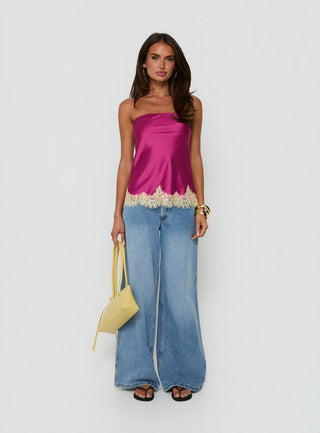 Fiorelle Strapless Lace Trim Satin Top Berry / Lemon