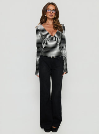 Madelon Long Sleeve Wrap Top Black  Grey Stripe