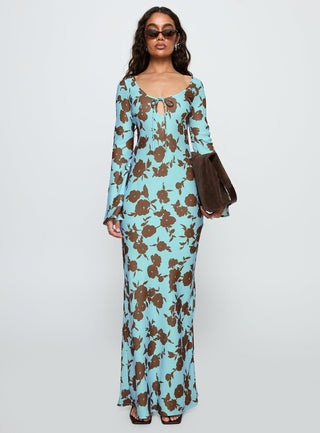 Elorie Long Sleeve Maxi Dress Blue  Brown