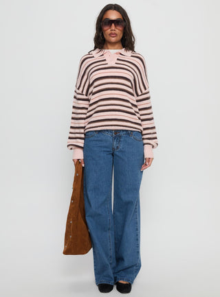 Jeanny Collared Knit Sweater Brown  Pink Stripe