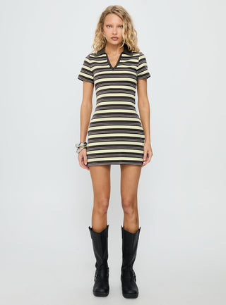 Zuria Collared V-neck Mini Dress Brown  Yellow Stripe