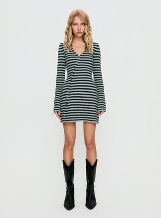 Morgen Asymmetrical Long Sleeve Mini Dress Grey  Green Stripe