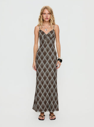 Idaline V Neck Maxi Dress Brown Check