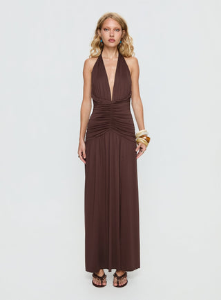 Diona Halter Ruched Maxi Dress Brown