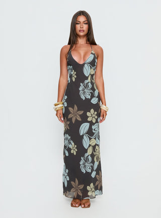 Esmira Halter Maxi Dress Chocolate  Blue Floral