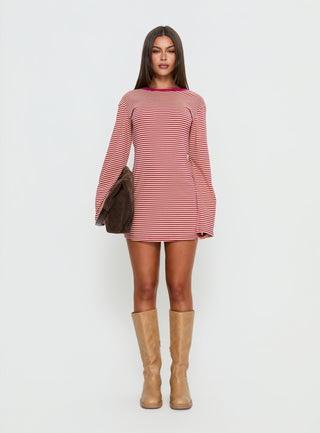 Lulolah Long Sleeve Mini Dress Lemon  Burgundy Stripe