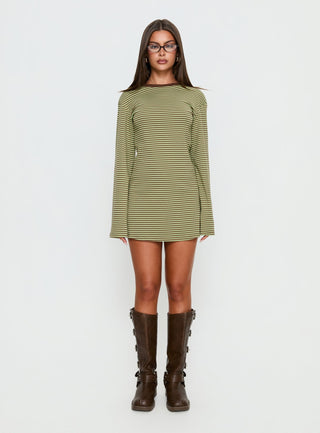 Lulolah Long Sleeve Mini Dress Green  Chocolate Stripe