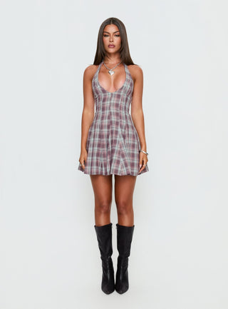 Out Of Nowhere Halter Mini Dress Burgundy  Pink Check