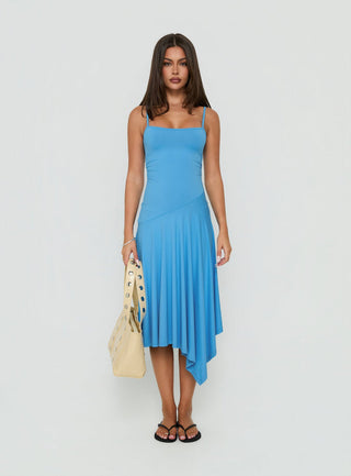 Caught Up Drop Waist Asymmetrical Midi Dress Blue