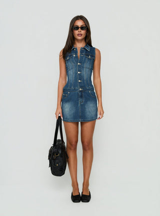 Divinitee Denim Button Down Mini Dress Blue